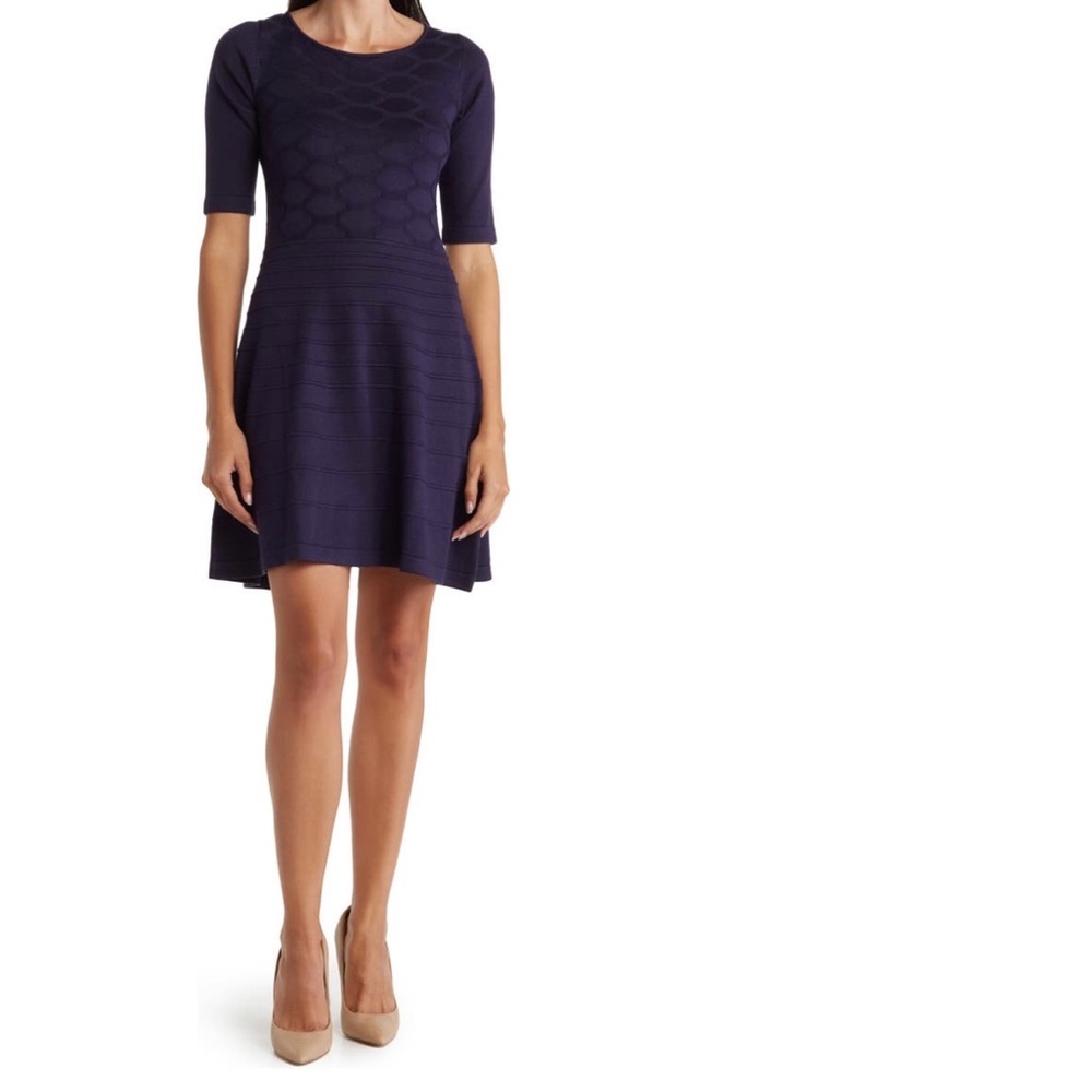 🥳NWT - Eliza J Crewneck Three-Quarter Sleeve Fit & Flair Dress - Navy Blue